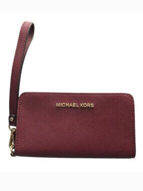 Michael Kors Maroon Red Saffiano Leather Bifold Snap‎ Wristlet Wallet